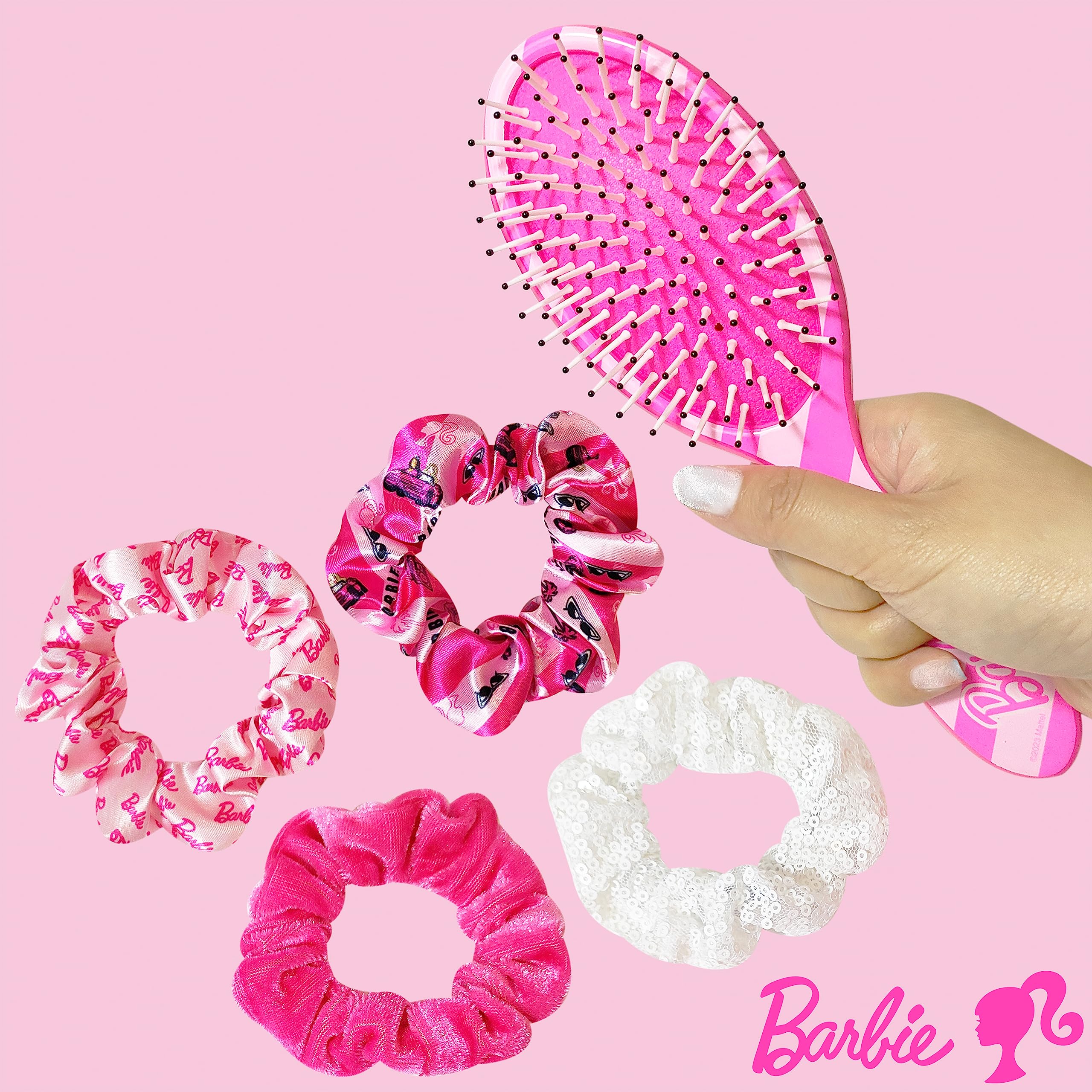 Barbie Hair Brush and 4 Scrunchies Set - Detangling Brush and Elastic Hair Ties for Girls Ages 3+ - LuvHer Shop