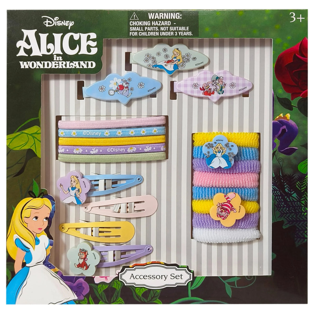 Disney Alice in Wonderland girls' accessory set with hair clips, hair ties, and headbands featuring Alice and Cheshire Cat designs, official LuvHer Shop product.