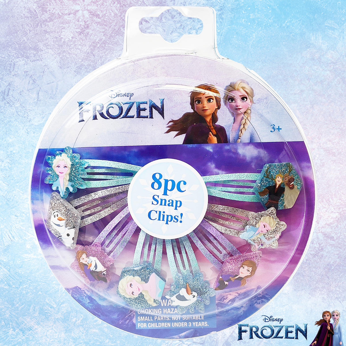 Disney Frozen 8pc Snap Clips featuring Elsa, Anna, and Olaf on glitter hair accessories, LuvHer Shop