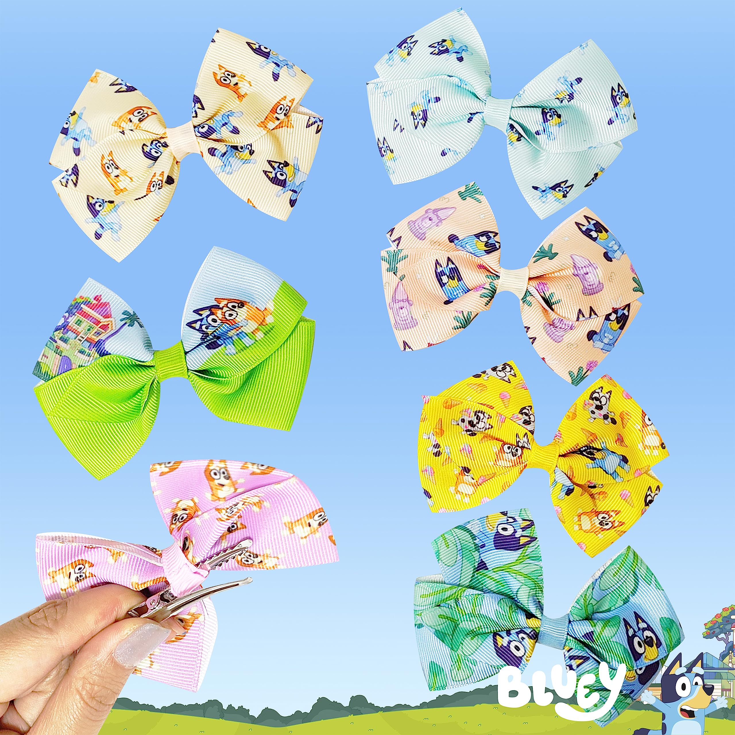 Bluey Kids Hair Bows - Hair Accessories Gift Set- 7 Pcs 4 Inch Bow Bundle- for Girls- Different print on each clip- Alligator Clip- Ages 3 + - LuvHer Shop