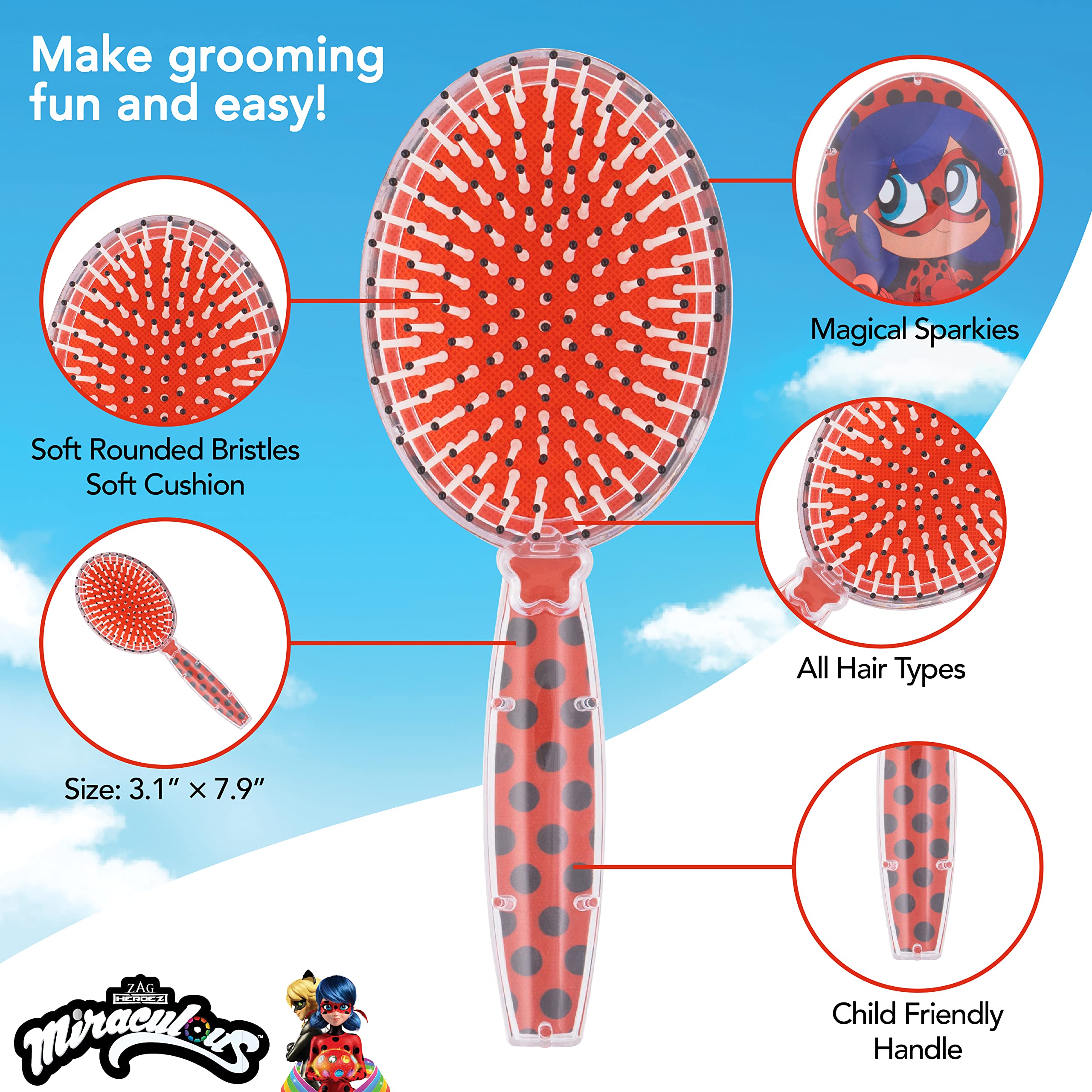 Miraculous Hair Brush with Magical Sparkling Stars Ladybug Confetti Hair Brush - Kids Hair Brush Ages 3+ - LuvHer Shop