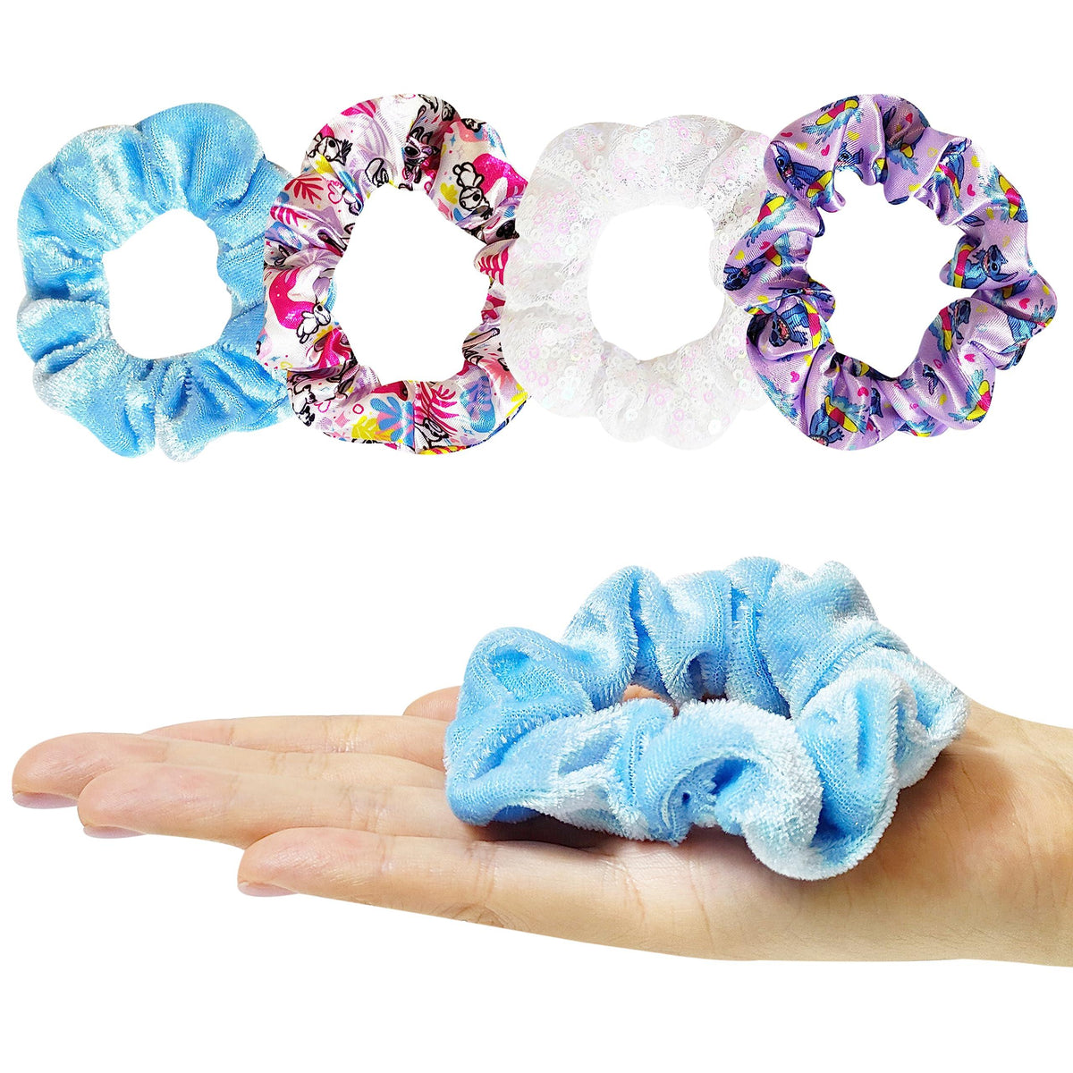 Disney Girls Scrunchies 4-Pack hair accessories, colorful designs displayed on a hand