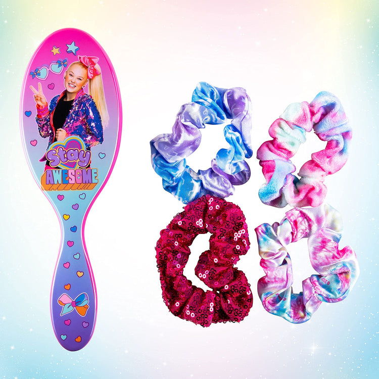 LUV HER Nickelodeon Jojo Siwa Hair Brush & 4 Scrunchies - Girls 9inc Hair Set, Detangling Brush for Thick Curly Thin Wet or Dry Hair - Hair Accessories for Kids Ages 3+ - LuvHer Shop