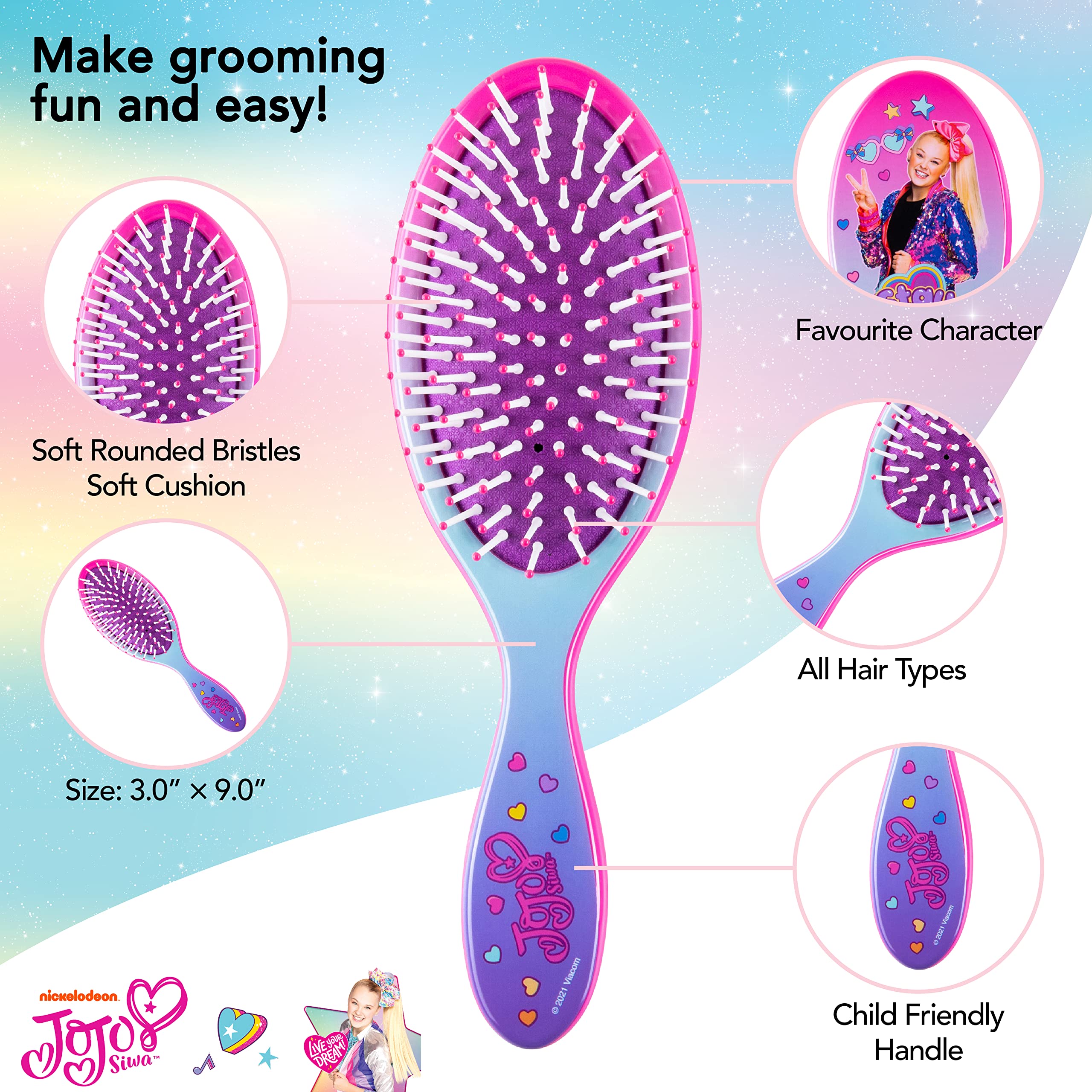 LUV HER Nickelodeon Jojo Siwa Hair Brush & 4 Scrunchies - Girls 9inc Hair Set, Detangling Brush for Thick Curly Thin Wet or Dry Hair - Hair Accessories for Kids Ages 3+ - LuvHer Shop