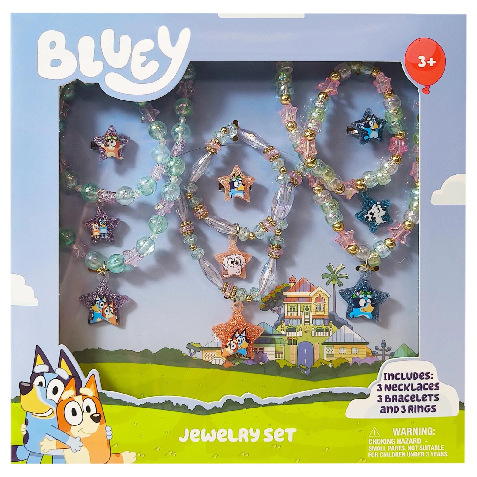 Bluey Jewelry Set for girls with necklaces, bracelets, and rings featuring Bluey characters in a gift box