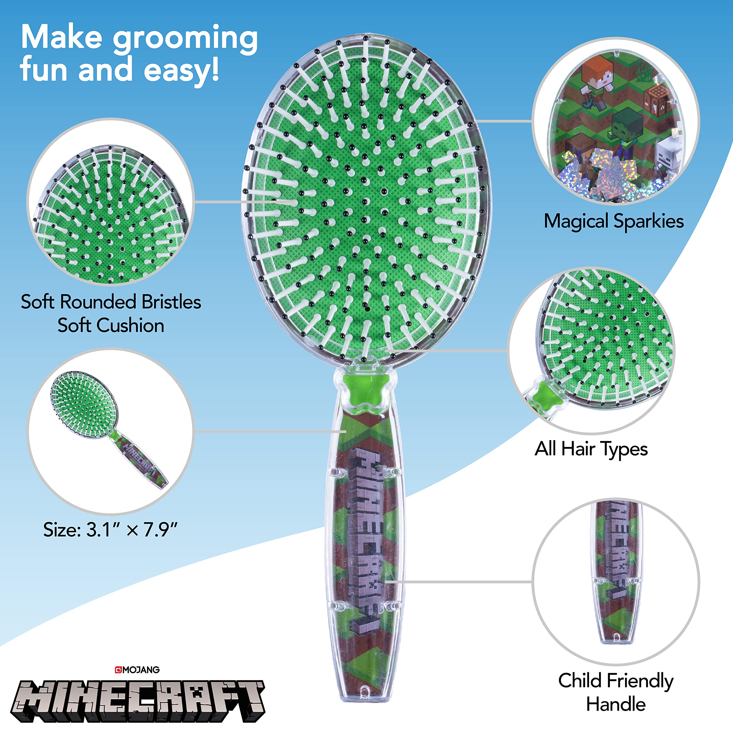 Minecraft Hair Brush with Magical Sparkling Cubes - Confetti Hair Brush, Green - Boys Hair Brush Ages 3+ - LuvHer Shop