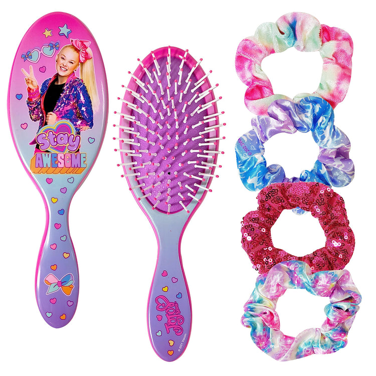 LUV HER Nickelodeon Jojo Siwa Hair Brush & 4 Scrunchies - Girls 9inc Hair Set, Detangling Brush for Thick Curly Thin Wet or Dry Hair - Hair Accessories for Kids Ages 3+ - LuvHer Shop