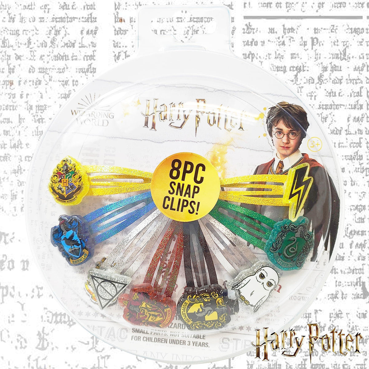 Harry Potter 8-piece snap hair clips set featuring Hogwarts house crests and themed icons.