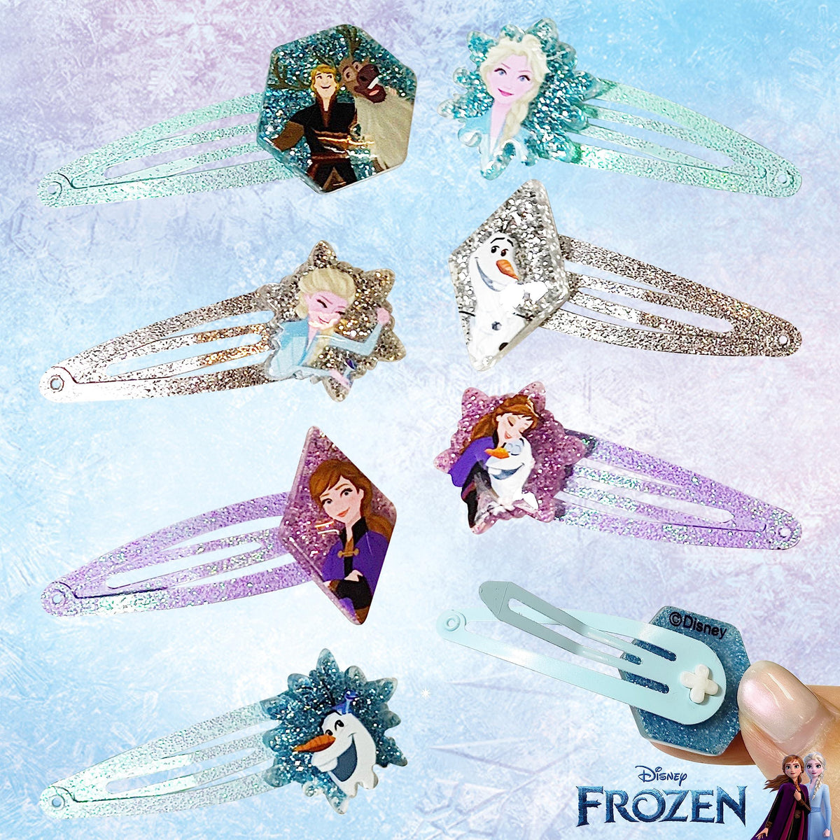 Disney Frozen hair clip set with Anna, Elsa, Olaf glitter designs, girls' accessories from LuvHer Shop