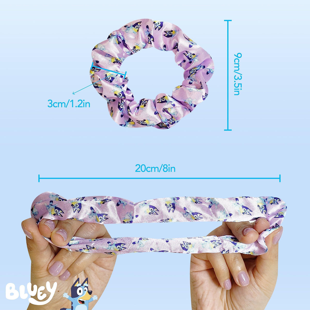 Bluey hair scrunchie and headband set in pastel purple with dimensions, LuvHer Shop