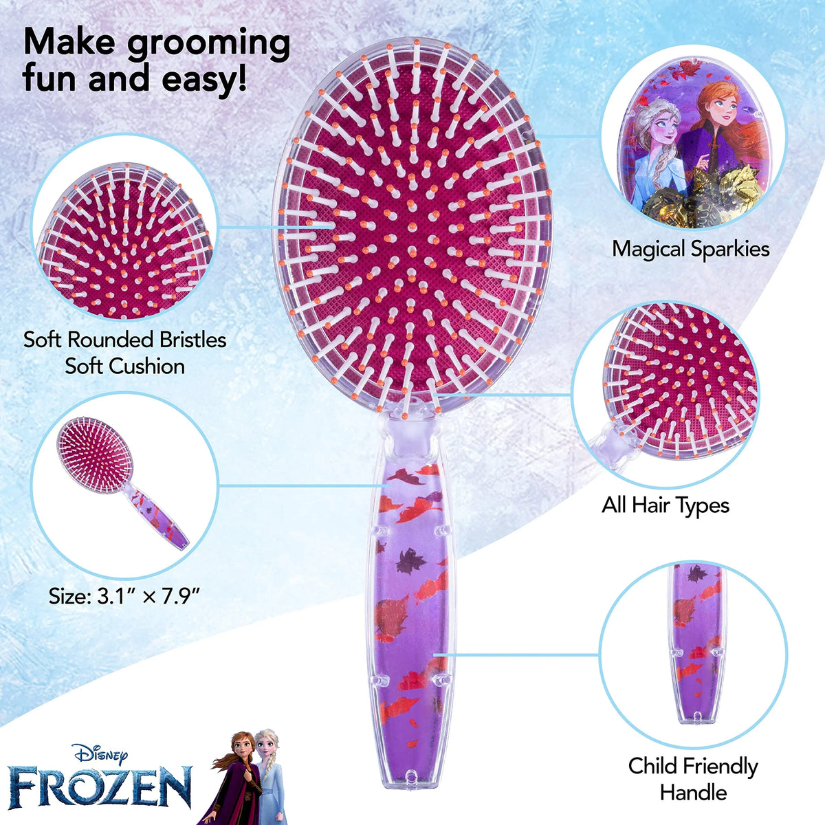 Disney Frozen hairbrush for girls with Anna and Elsa design, purple handle, soft bristles