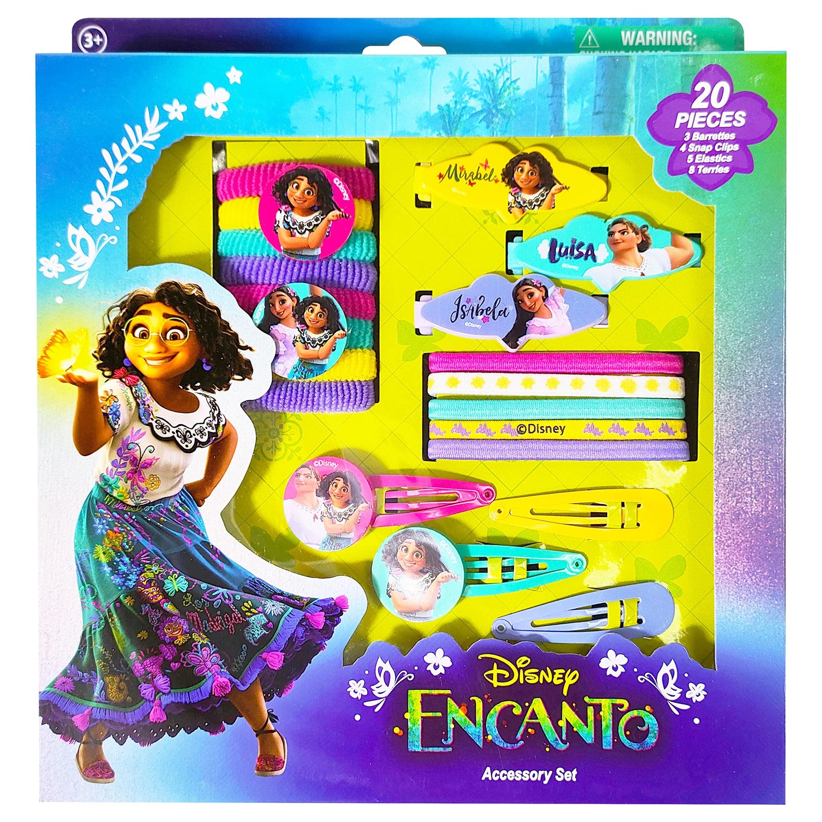 Disney Encanto Accessory Set for girls with hair clips, barrettes, and elastics featuring Mirabel, Luisa, and Isabela on colorful packaging.