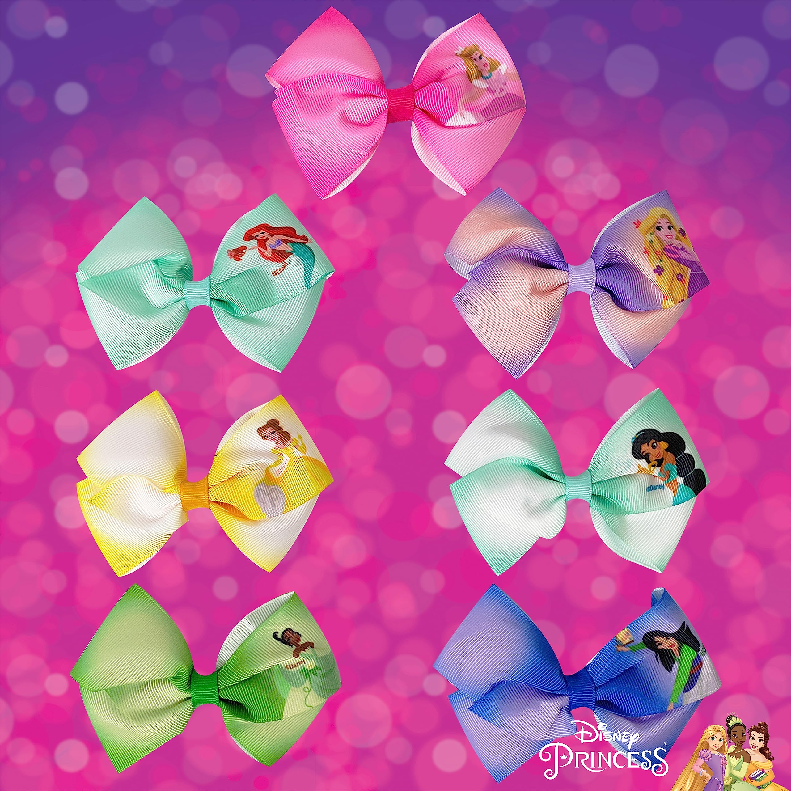 Disney Princess - Girls Hair Accessories Gift Set - Kids Hair Bows - 7 Pcs 4 Inch Bundle - Different Princess on Each Clip - Alligator Clip Ages 3+ - LuvHer Shop