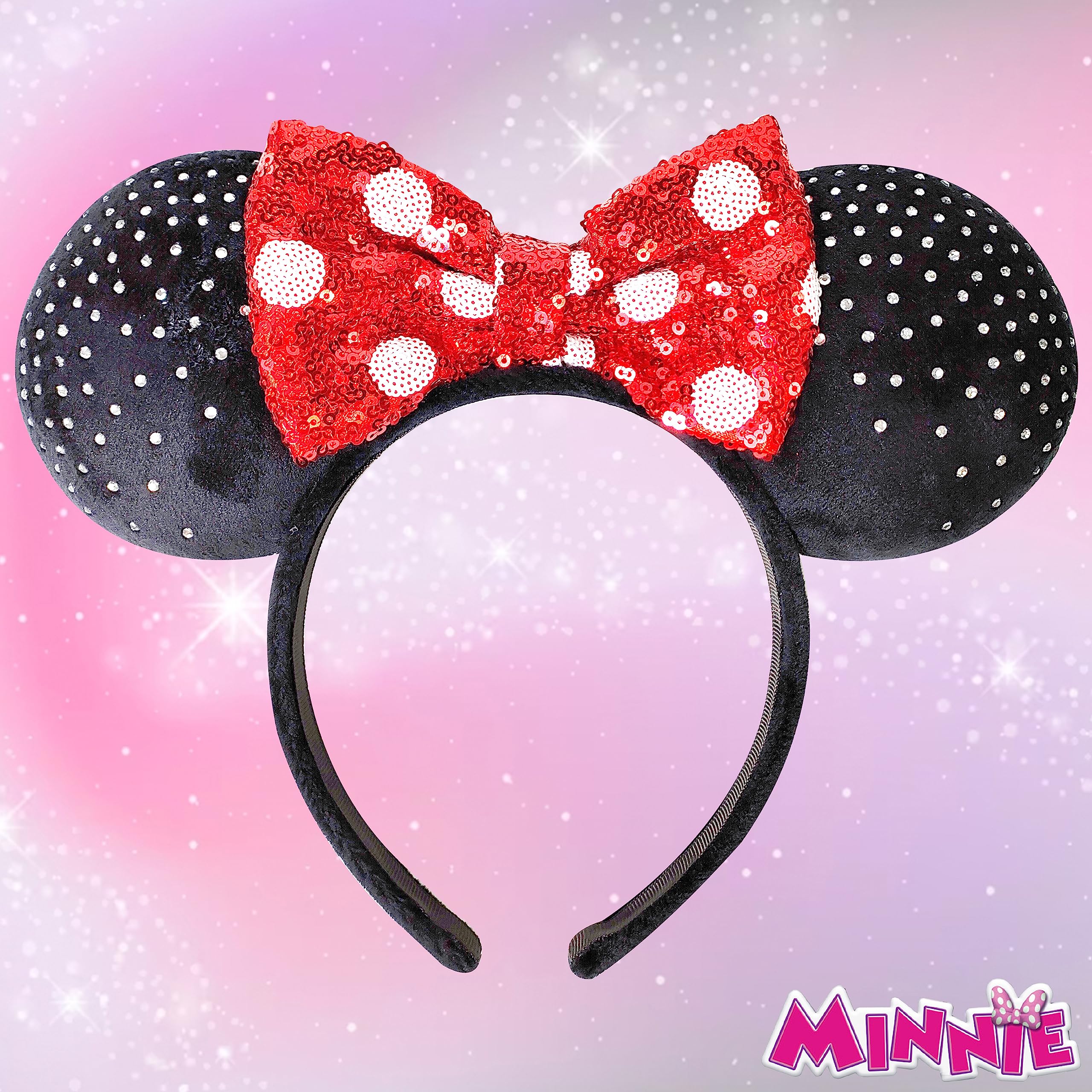 LUV HER - Disney Ears - Embedded Rhigstones Minnie Plush Ears - Large Sequin Red Bow on a Thick Elastic Headband Ages 3+ - LuvHer Shop