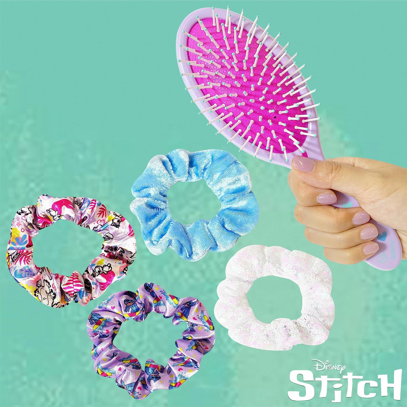 Stitch Hair Brush and Scrunchies Set featuring Disney Stitch design, pastel brush, four colorful scrunchies.