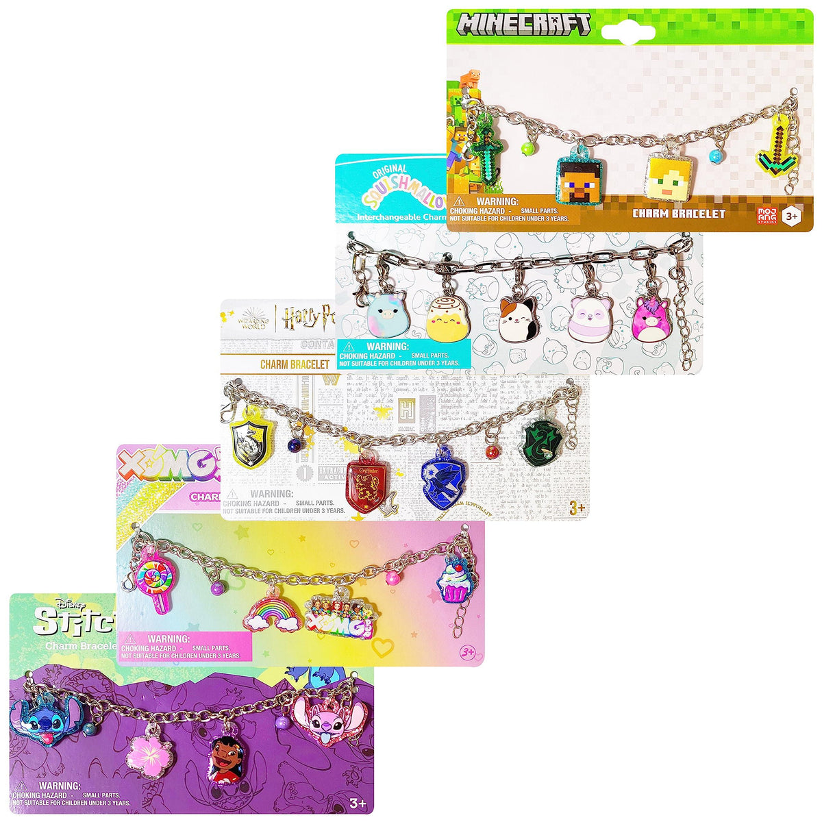 LuvHer Shop charm bracelet multipack featuring Minecraft, Squishmallows, Harry Potter, XOMG, and Disney Stitch themes on colorful packaging.