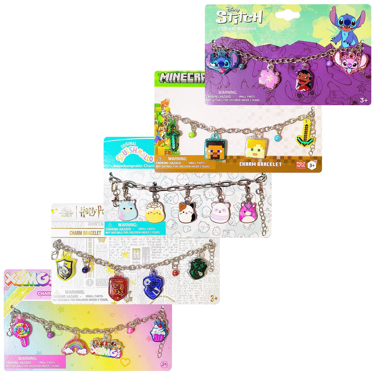 LuvHer Shop charm bracelet gift bundle featuring Disney Stitch, Minecraft, Squishmallows, Harry Potter, and LOL Surprise OMG themed bracelets for girls.