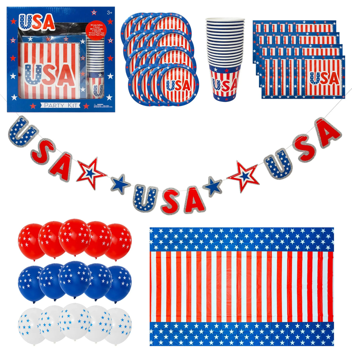 USA Party Kit with patriotic red, white, and blue plates, cups, napkins, balloons, banner, and tablecloth