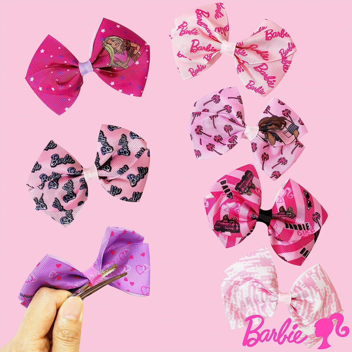 Barbie hair bows set for girls featuring pink and purple designs with Barbie logo and icons, LuvHer Shop