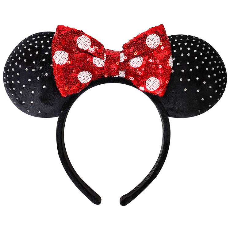 LUV HER - Disney Ears - Embedded Rhigstones Minnie Plush Ears - Large Sequin Red Bow on a Thick Elastic Headband Ages 3+ - LuvHer Shop