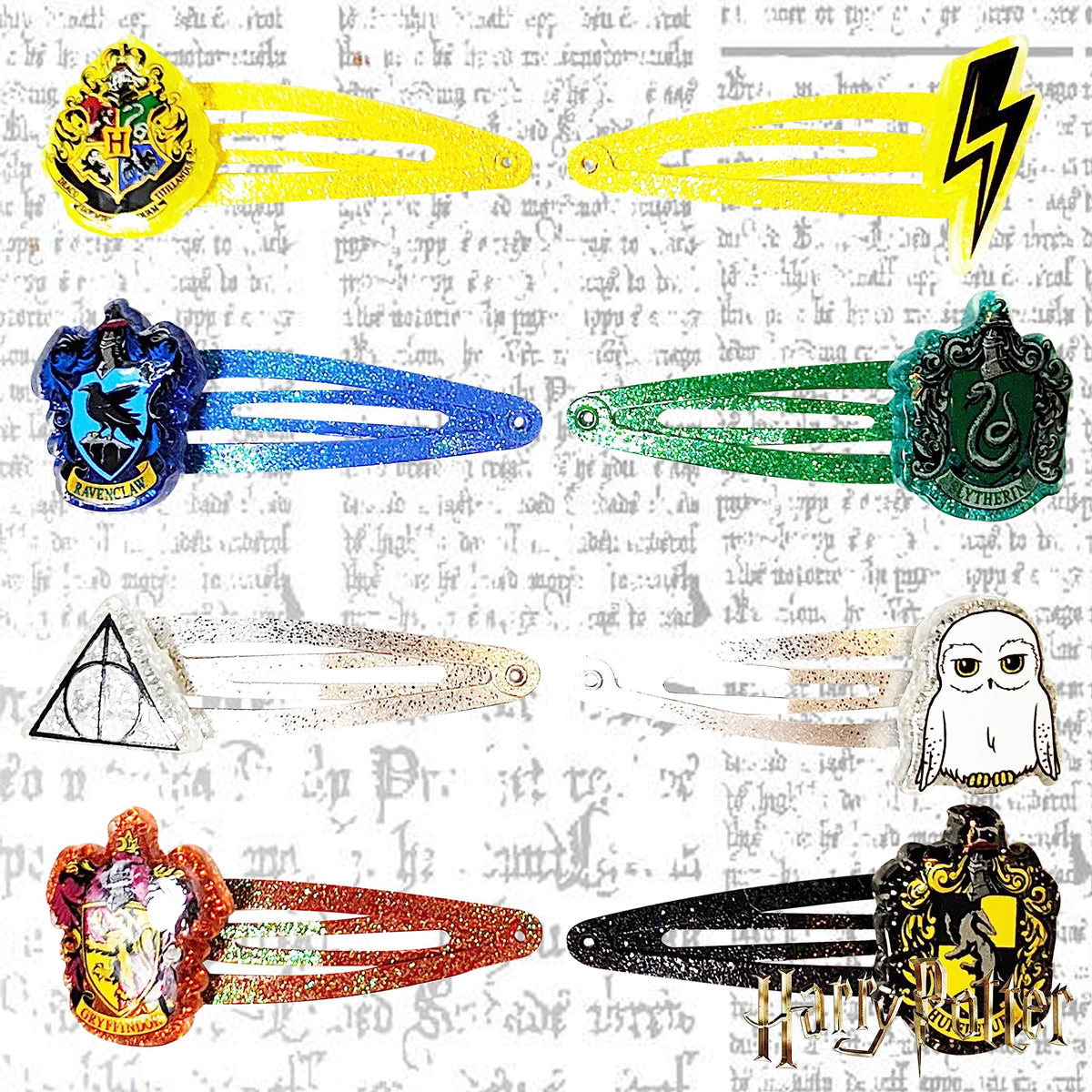 Harry Potter Girls Hair Clips Set with Hogwarts house crests, lightning bolt, owl, Deathly Hallows symbols