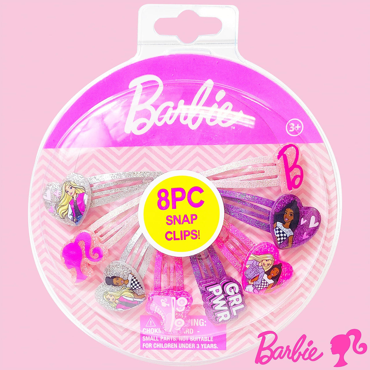 Barbie 8-piece snap clips set featuring heart and character designs in pink and purple packaging