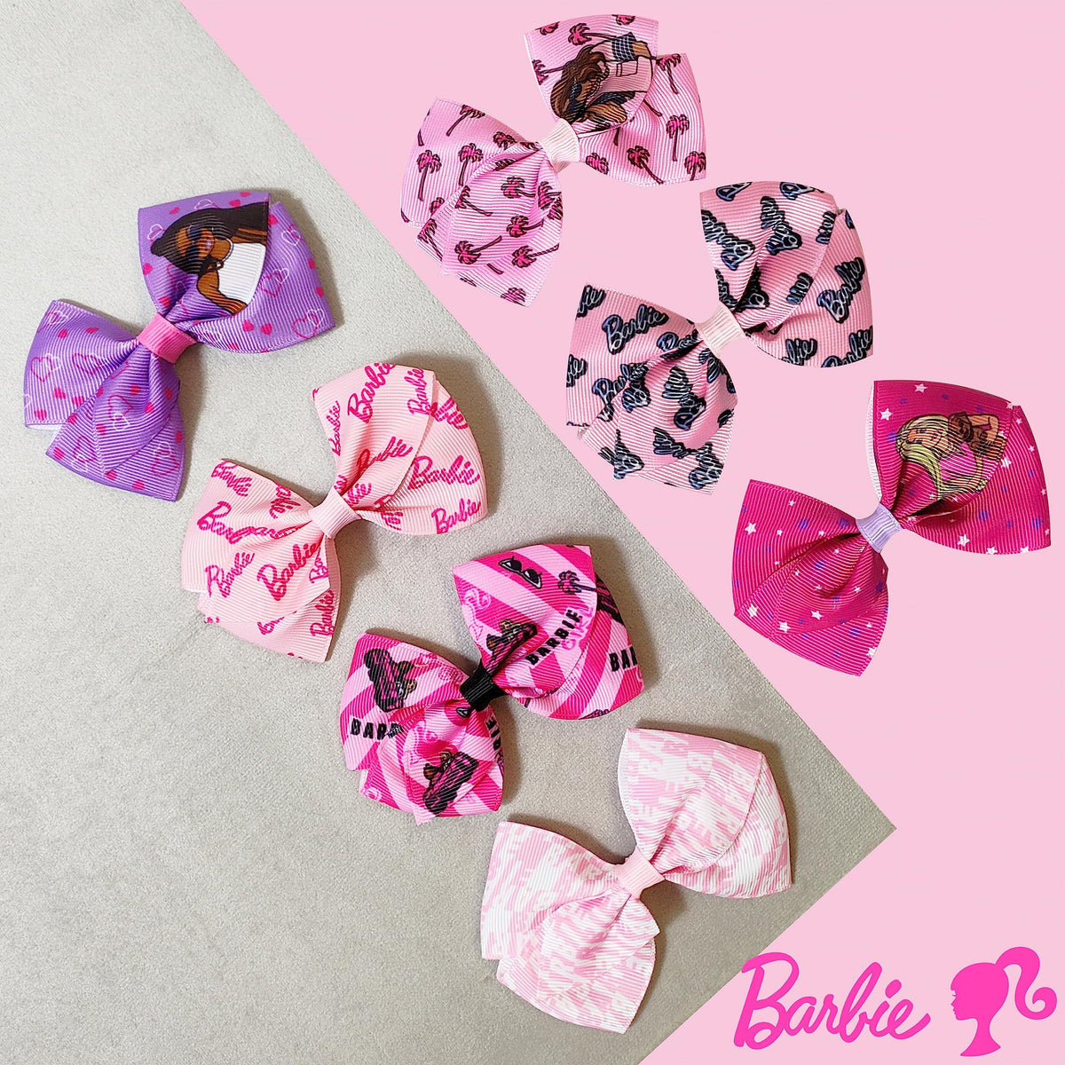 Barbie hair bows set for girls, assorted pink and purple bows with Barbie designs, LuvHer Shop