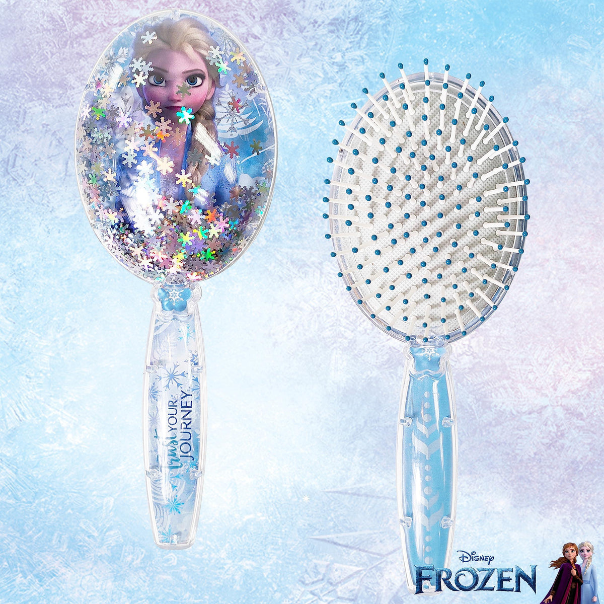 Disney Frozen Elsa Hair Brush with blue snowflake glitter for girls, official LuvHer accessory
