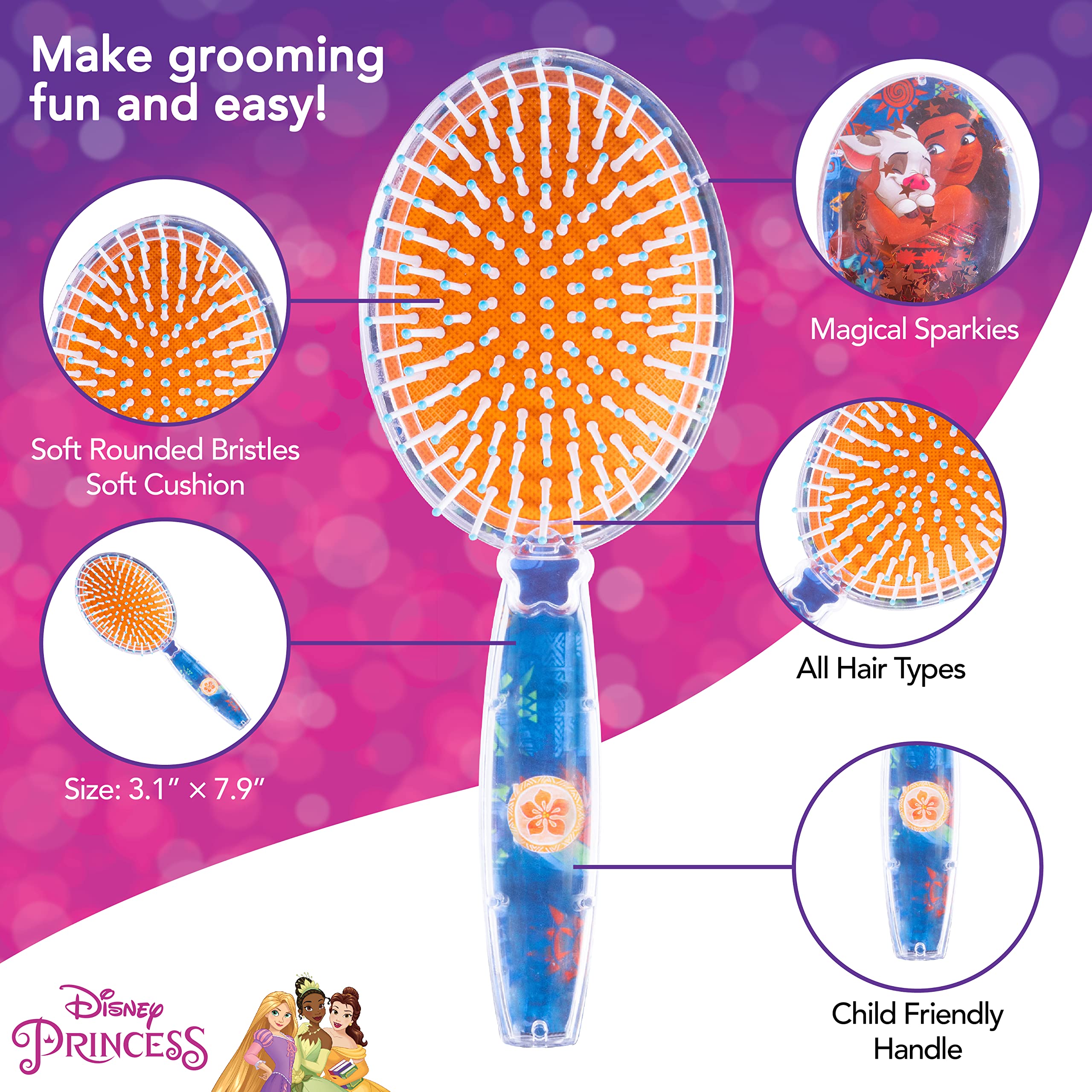 Moana Hair Brush with Magical Sparkling Stars Confetti Hair Brush - Kids Hair Brush Ages 3+ - LuvHer Shop