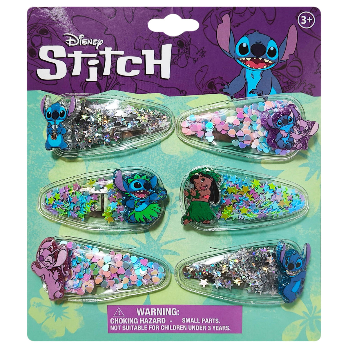 Disney Stitch hair clips set for girls featuring Stitch, Lilo, and glitter confetti designs