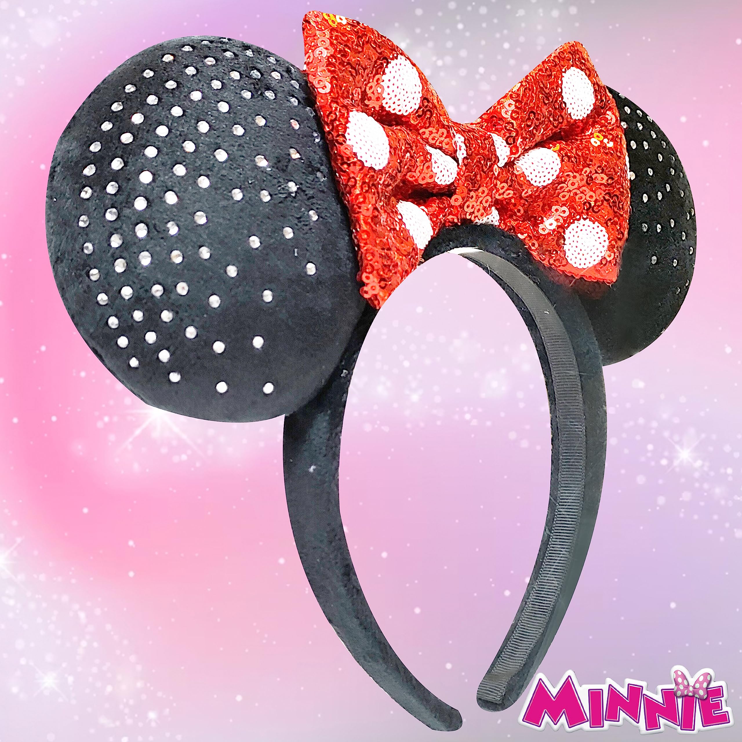 LUV HER - Disney Ears - Embedded Rhigstones Minnie Plush Ears - Large Sequin Red Bow on a Thick Elastic Headband Ages 3+ - LuvHer Shop