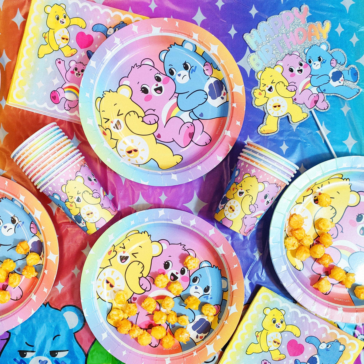 Care Bears Birthday Party Plates and Cups set with colorful rainbow bear designs on LuvHer Shop