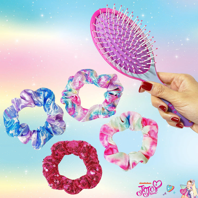 LUV HER Nickelodeon Jojo Siwa Hair Brush & 4 Scrunchies - Girls 9inc Hair Set, Detangling Brush for Thick Curly Thin Wet or Dry Hair - Hair Accessories for Kids Ages 3+ - LuvHer Shop