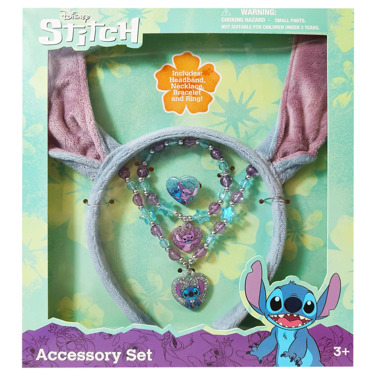 Disney Stitch girls' accessory set with plush headband, beaded necklace, bracelet, and ring