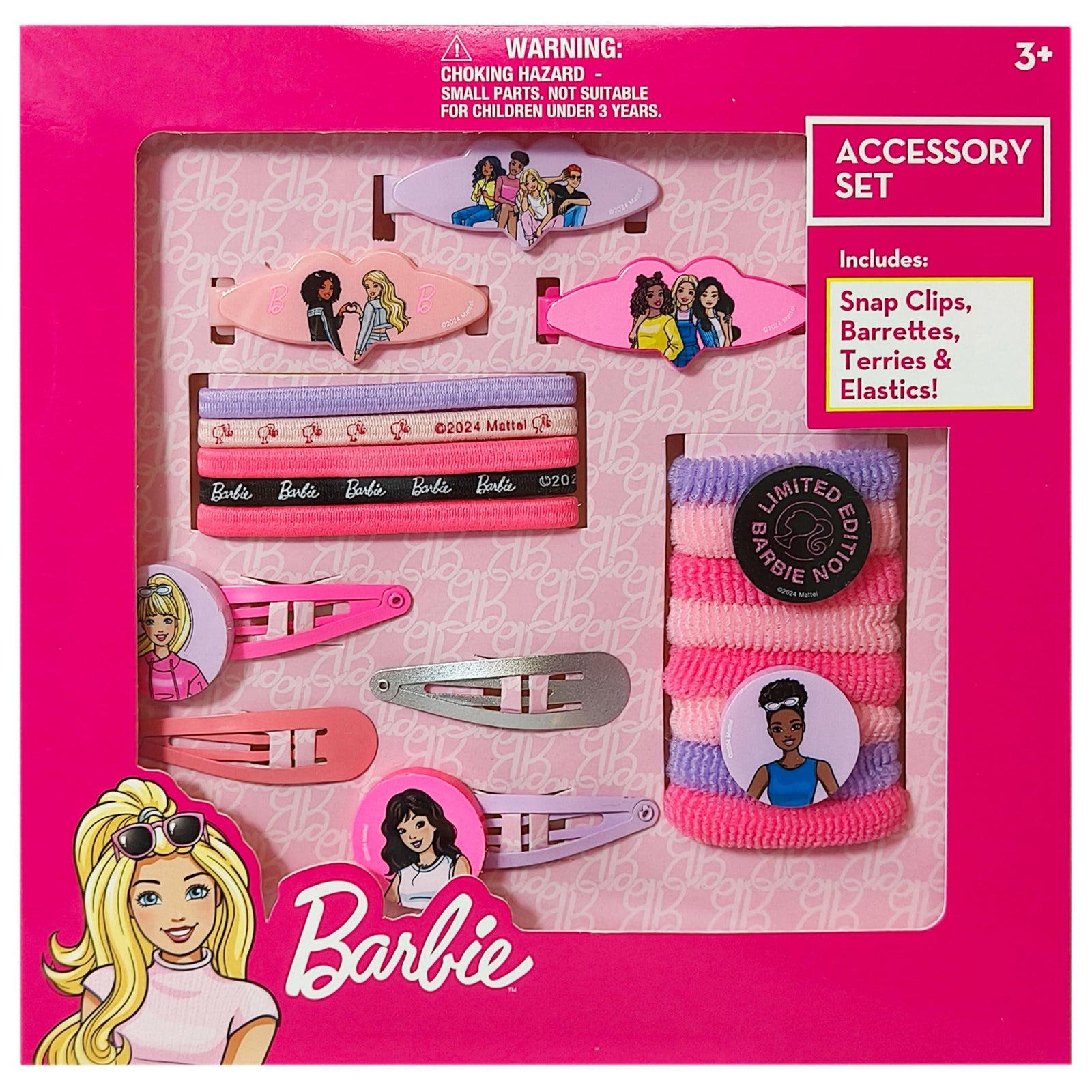 Barbie Accessory Set with snap clips, barrettes, terries, and elastics in pink packaging.