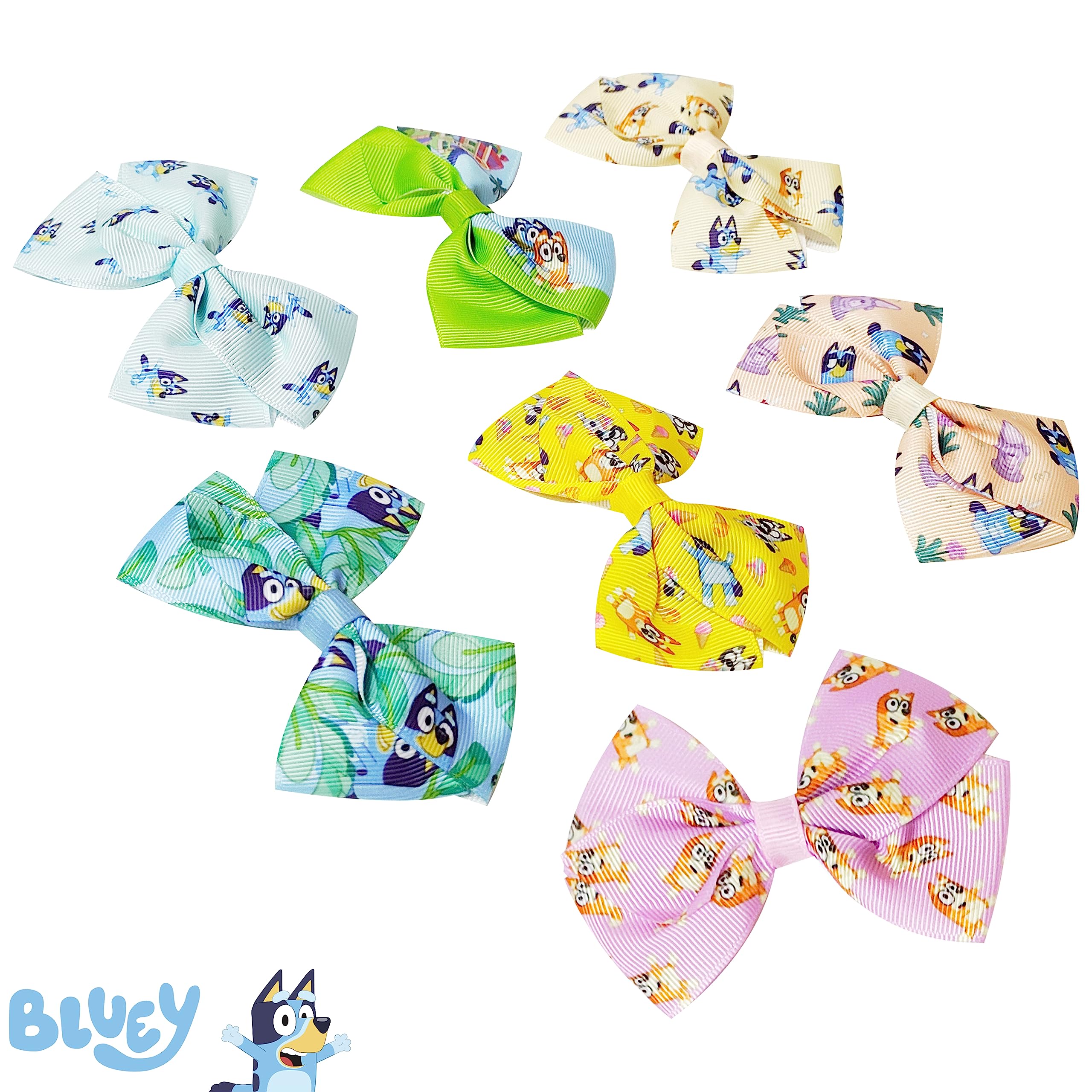 Bluey Kids Hair Bows - Hair Accessories Gift Set- 7 Pcs 4 Inch Bow Bundle- for Girls- Different print on each clip- Alligator Clip- Ages 3 + - LuvHer Shop