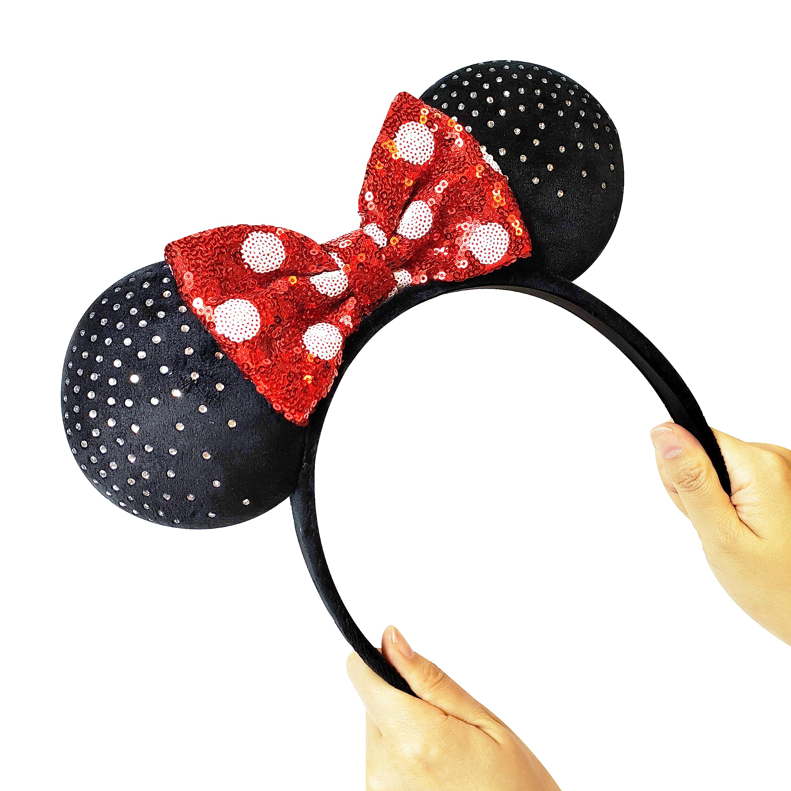 LUV HER - Disney Ears - Embedded Rhigstones Minnie Plush Ears - Large Sequin Red Bow on a Thick Elastic Headband Ages 3+ - LuvHer Shop