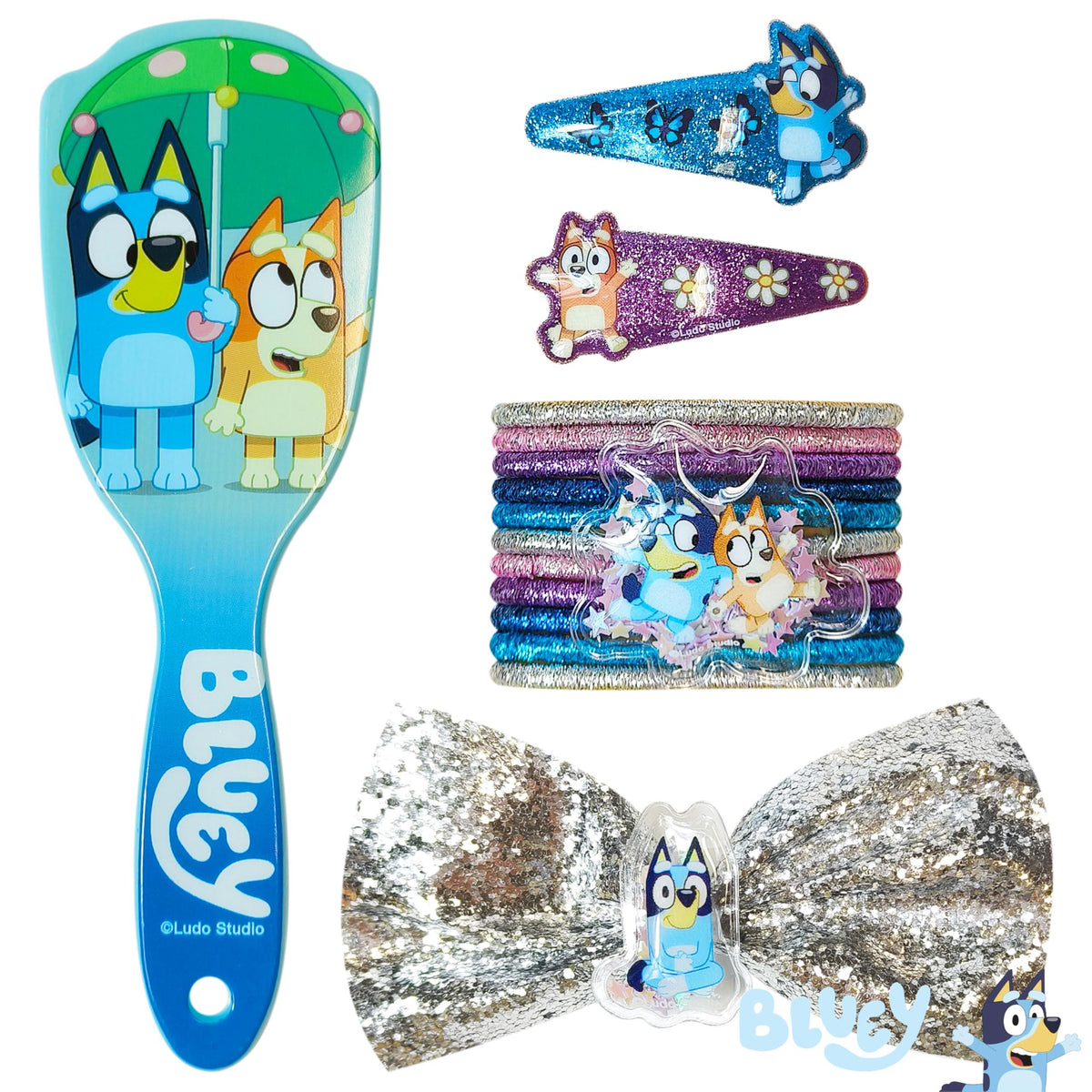 Bluey girls' hair accessory set with brush, clips, hair ties, and silver glitter bow, officially licensed.