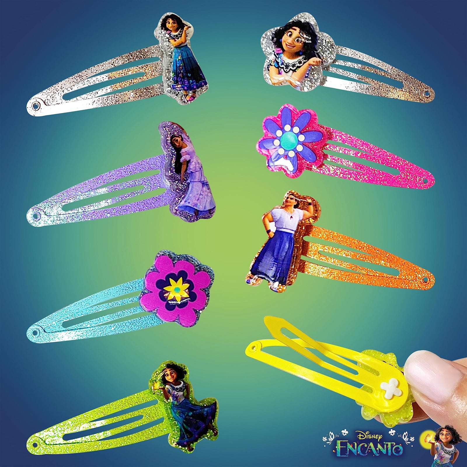 Disney Encanto 8PC Snap Clips for girls, colorful hair accessories with Mirabel and flower designs, officially licensed.