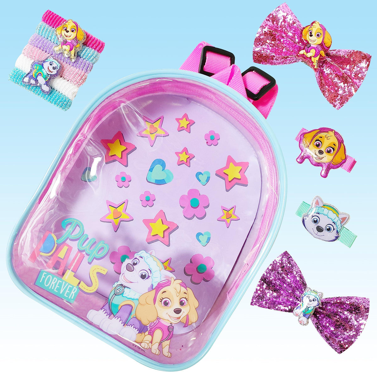 Pup Pals Forever gift bundle with clear pink backpack, star and flower prints, glitter hair bows, and Paw Patrol themed hair accessories from LuvHer Shop.
