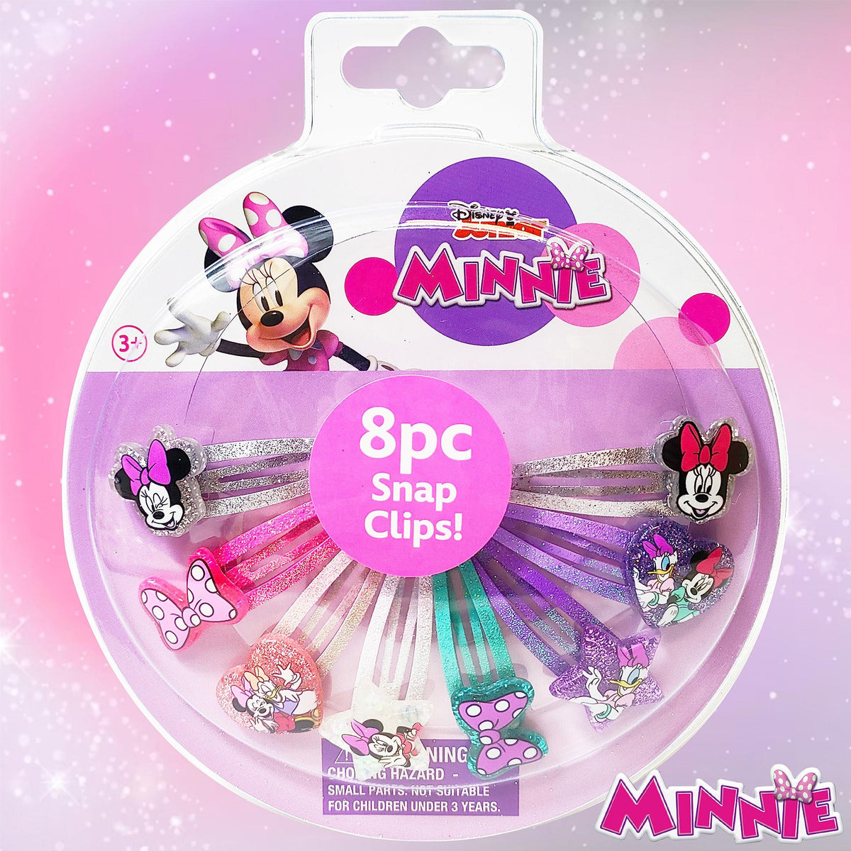 Disney Minnie Mouse 8pc Snap Clips set with glitter hair clips in pink and purple, LuvHer Shop