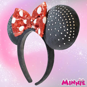 LUV HER - Disney Ears - Embedded Rhigstones Minnie Plush Ears - Large Sequin Red Bow on a Thick Elastic Headband Ages 3+ - LuvHer Shop