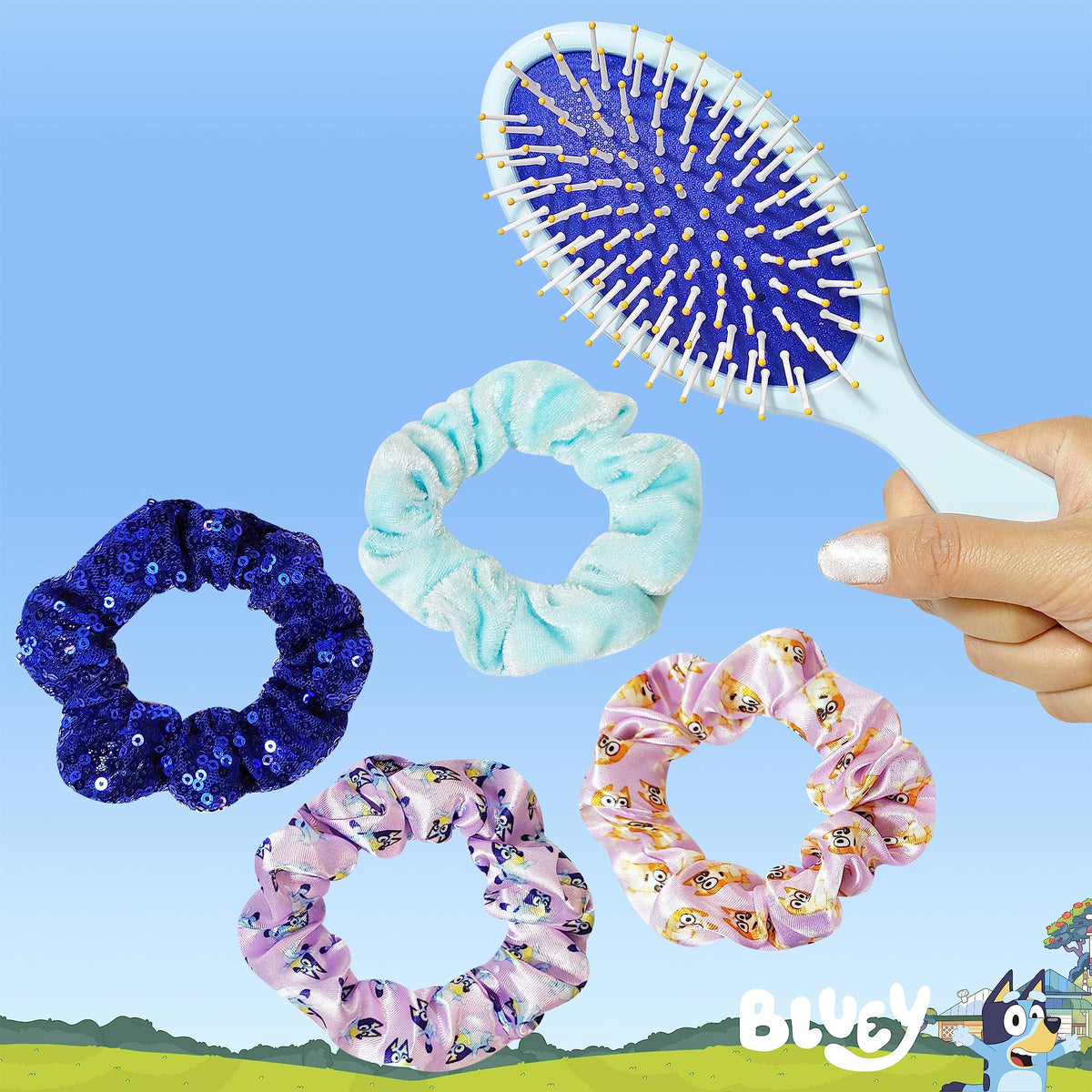Bluey Scrunchie Set with four colorful hair scrunchies and hairbrush for girls accessories