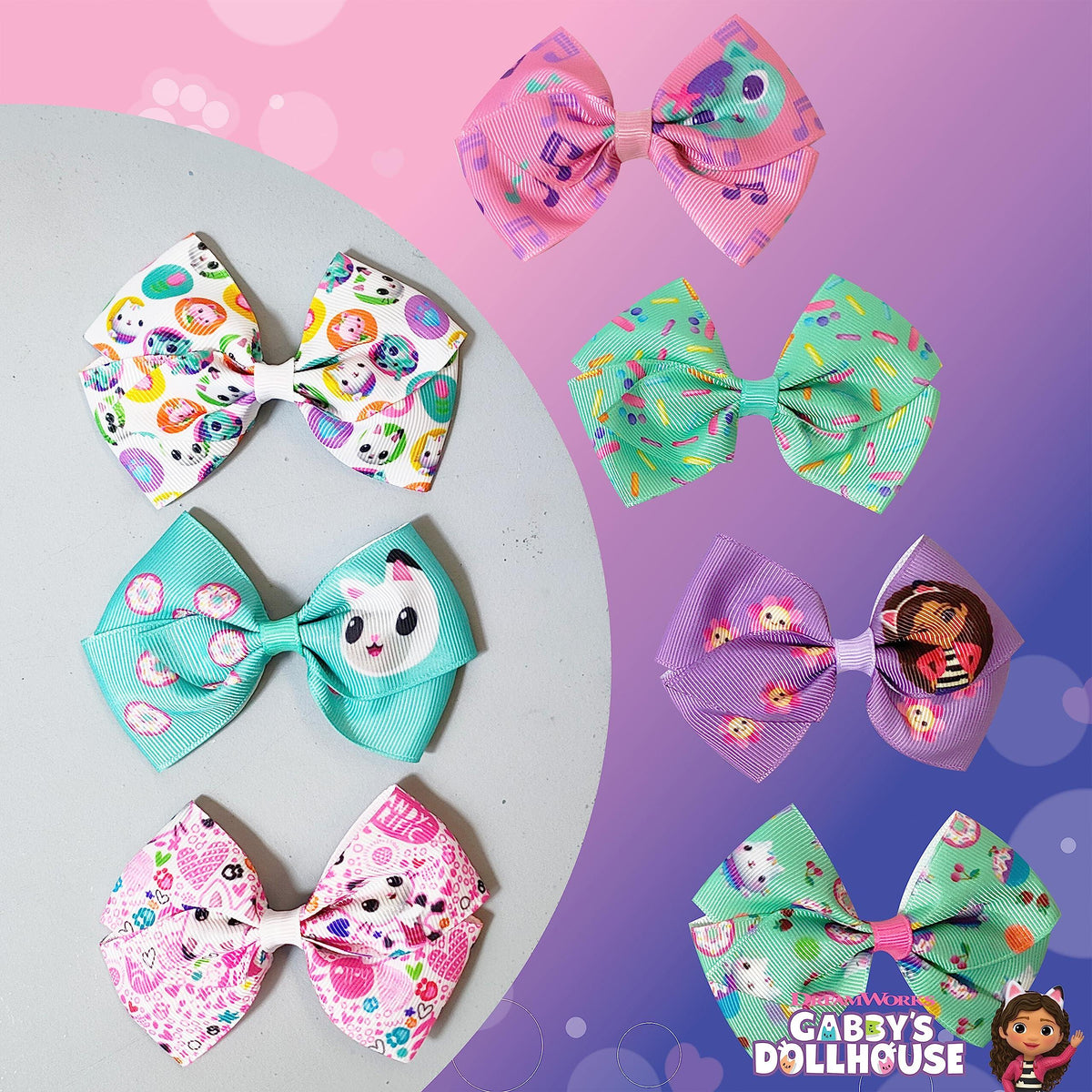 Gabby's Dollhouse hair bow set featuring colorful, officially licensed designs for girls.
