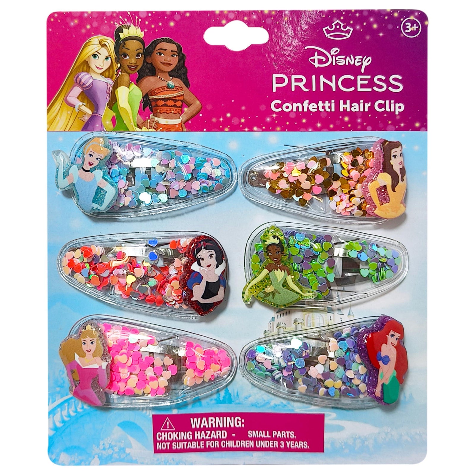 Disney Princess Confetti Hair Clip set on card with colorful princess designs, LuvHer Shop girls' accessory