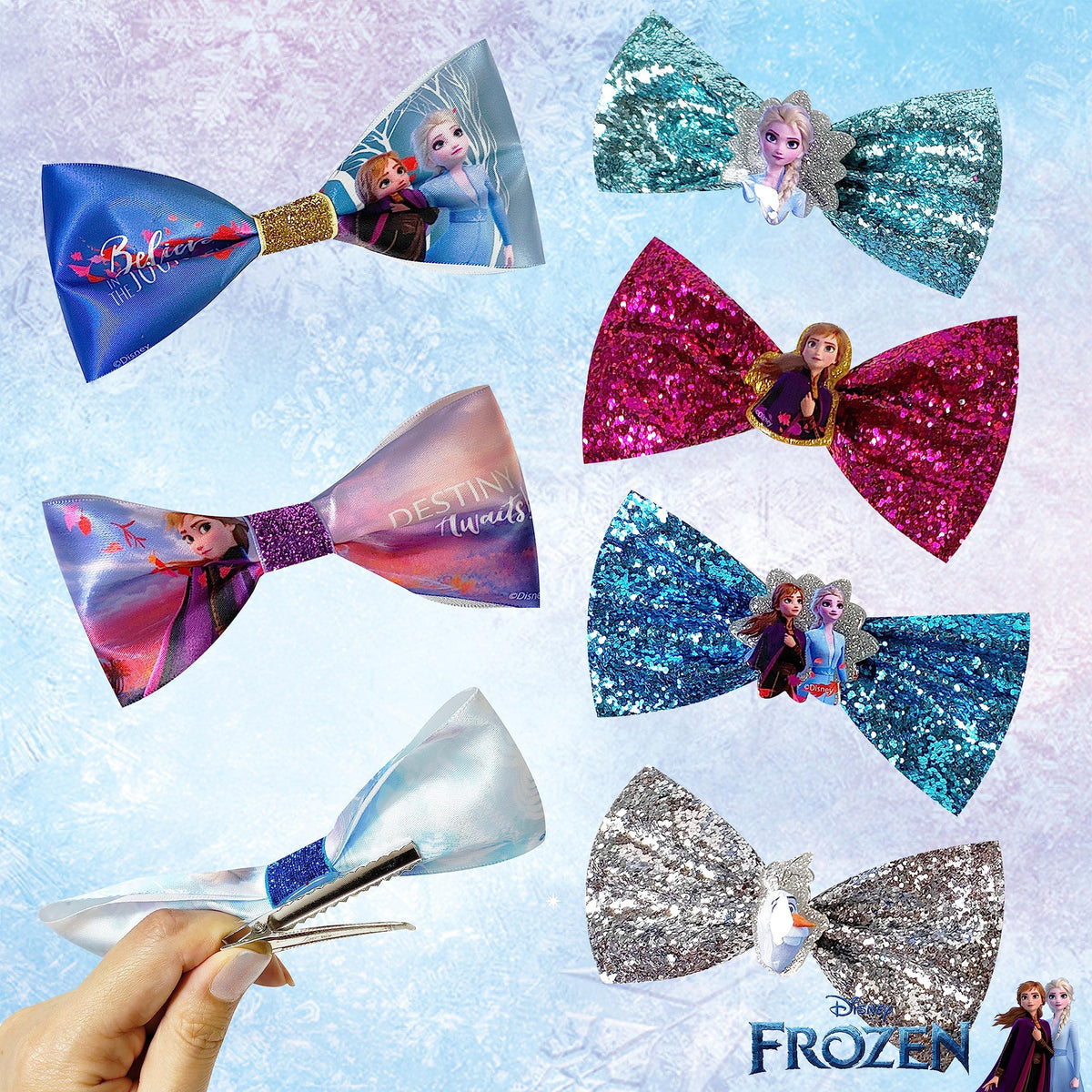 Disney Frozen hair bow clips set featuring Anna, Elsa, and Olaf with glitter and character prints