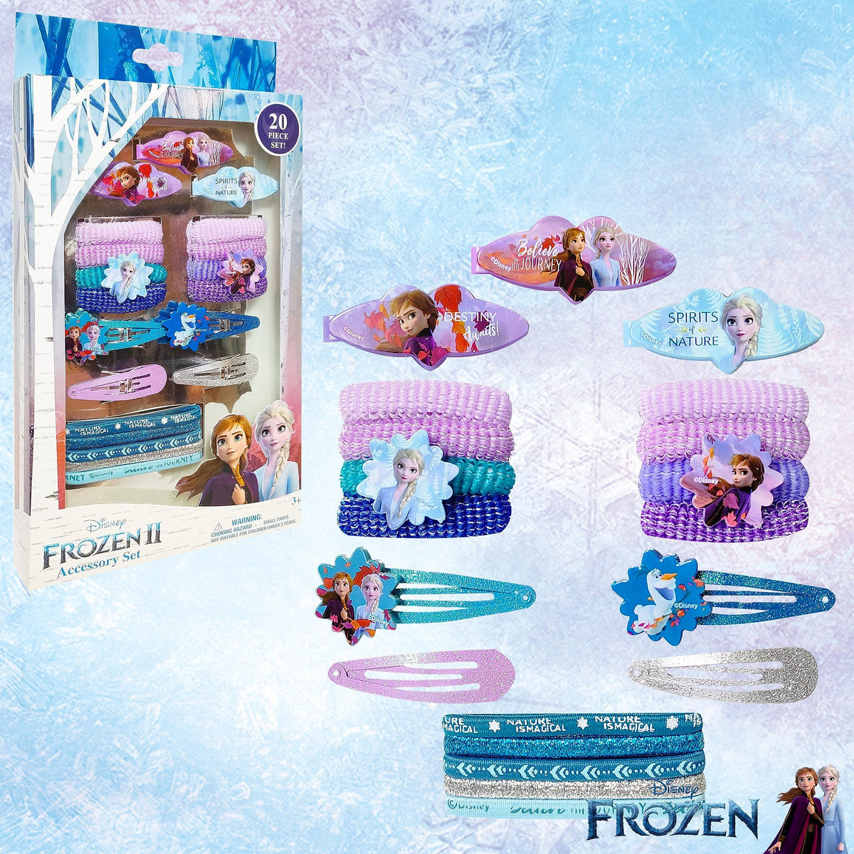 Disney Frozen II Accessory Set with hair ties, clips, and headbands featuring Elsa, Anna, and Olaf