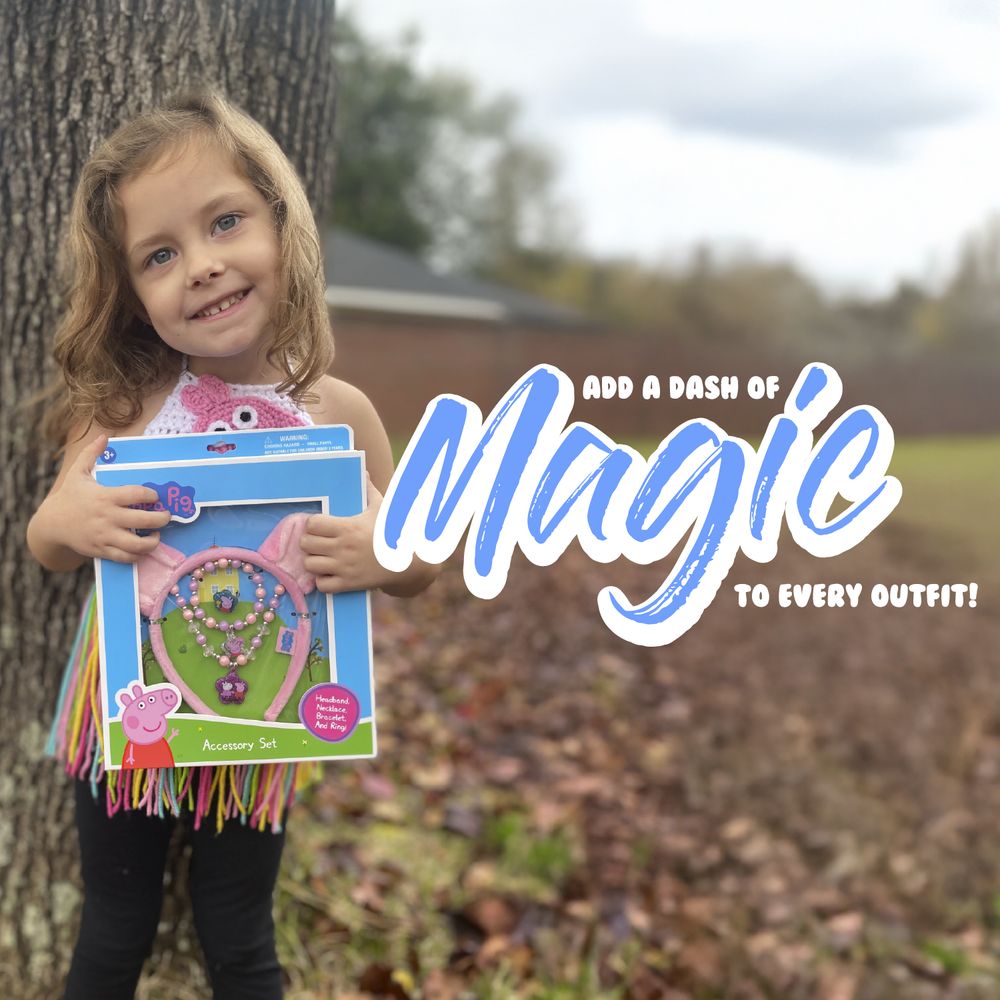 Child holding a toy with text 'Add a Dash of Magic to Every Outfit!' outdoors.